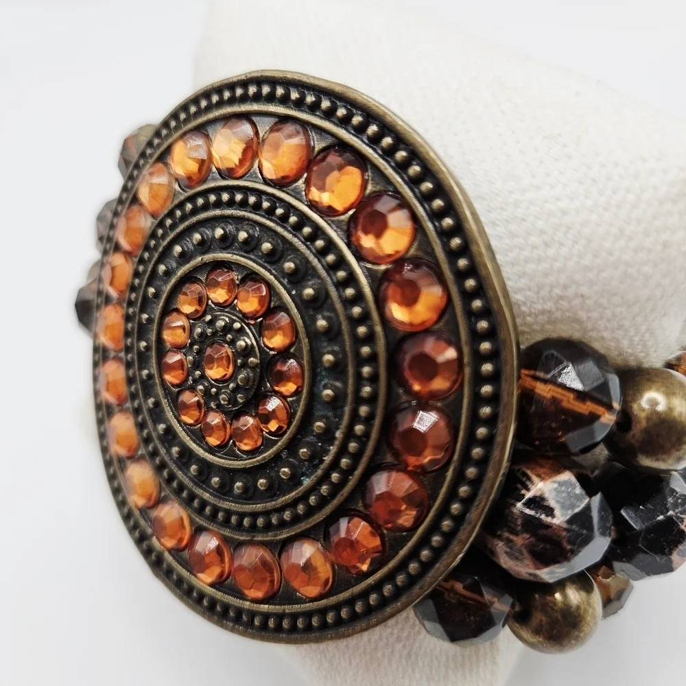 NEW VINTAGE Style & Co Amber Rhinestone Large Medallion Stretch Bracelet